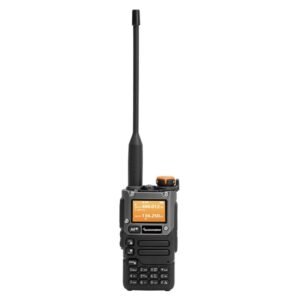 Walkie talkie Quansheng UV-K6 visto de frente con antena larga